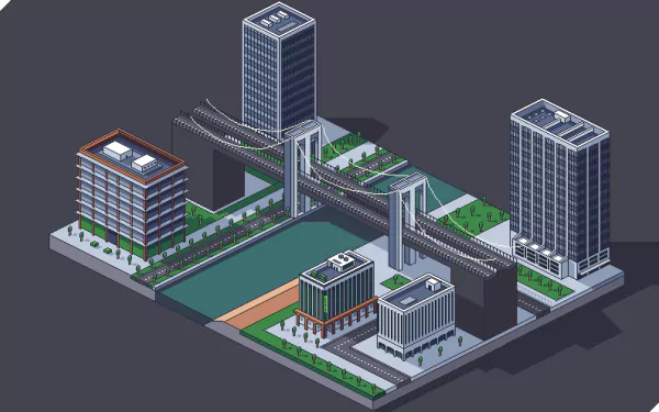 Artistic pixel art of a modern cityscape with bridges and buildings, rendered in high detail for a 4K Ultra HD PC desktop wallpaper background.