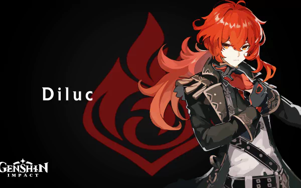 HD wallpaper featuring Diluc from Genshin Impact, with red hair, wearing a dark outfit. The background is black with the game's logo and Diluc's name on the left.