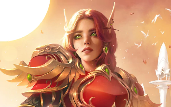 A 4K Ultra HD World of Warcraft elf with green eyes and pointed ears, clad in ornate armor, glowing under a warm, glowing sky.