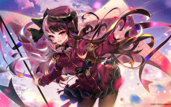 HD PC desktop wallpaper featuring Yorumi Rena, an anime-style Virtual YouTuber from Nijisanji, with vibrant colors and dynamic ribbons in the sky background.