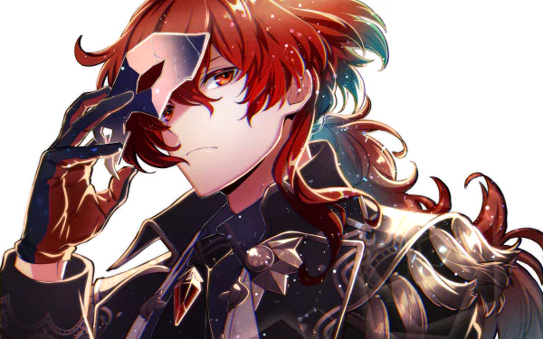 HD desktop wallpaper featuring Diluc from the video game Genshin Impact, showcasing his detailed red hair and intricate costume with a confident expression.