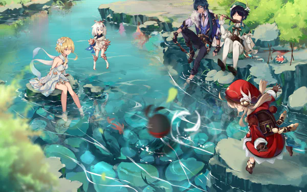 HD wallpaper featuring Kaeya, Venti, Klee, Paimon, and Lumine from Genshin Impact, adventuring together in a serene aquatic setting.