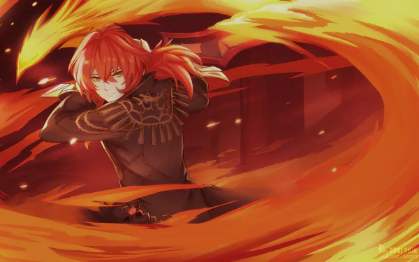 HD desktop wallpaper of Diluc from Genshin Impact, featuring the character wielding fiery energy amidst a blazing background, emphasizing dynamic and intense video game action.