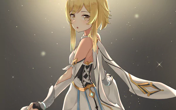 HD desktop wallpaper and background featuring Lumine from the video game Genshin Impact. Lumine is depicted in detailed artwork with a glowing, starry background.