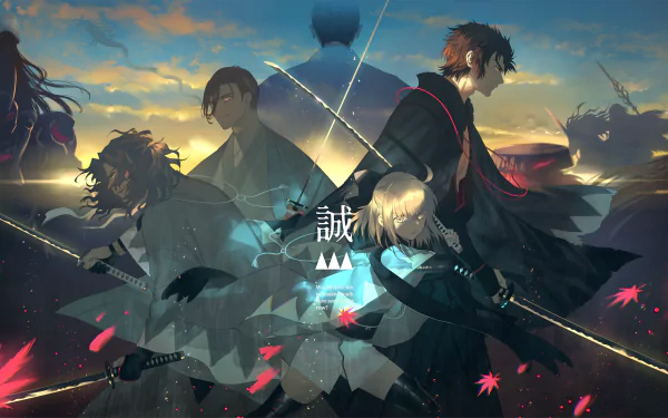 HD PC desktop wallpaper featuring anime characters Saitou Hajime, Hijikata Toshizō, and Souji Okita from Fate/Grand Order in a dramatic, atmospheric scene.