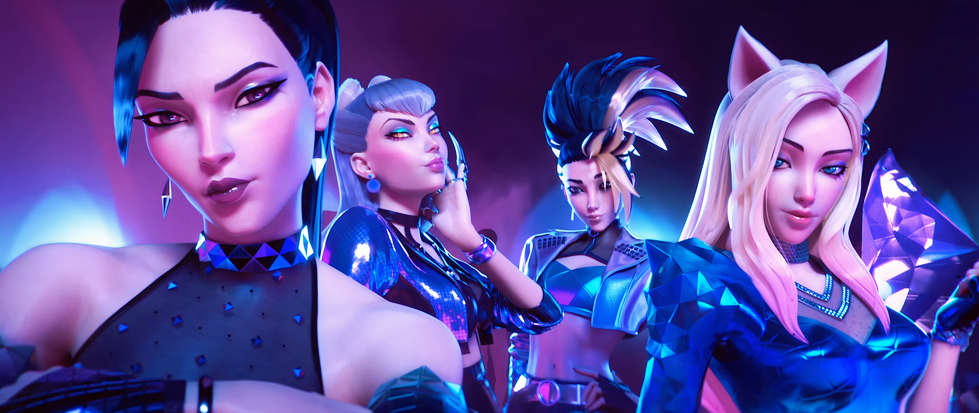K/DA featuring Ahri, Akali, Evelynn, and Kai'Sa from League of Legends in vibrant K-pop style with animal ears, showcased in a 4K Ultra HD PC desktop wallpaper.