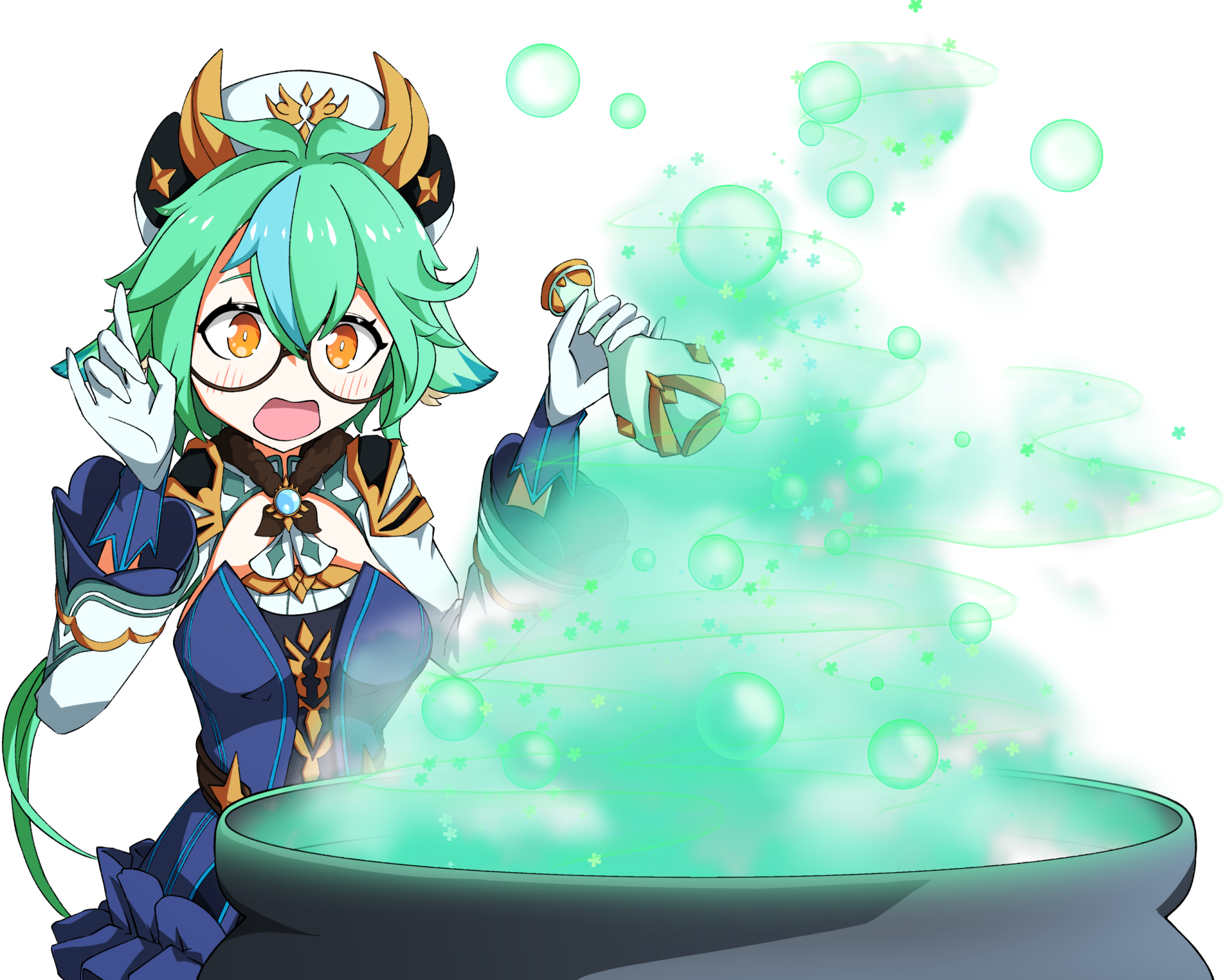 HD PC desktop wallpaper featuring Sucrose from Genshin Impact with short green hair and yellow eyes, casting a magical green potion spell.