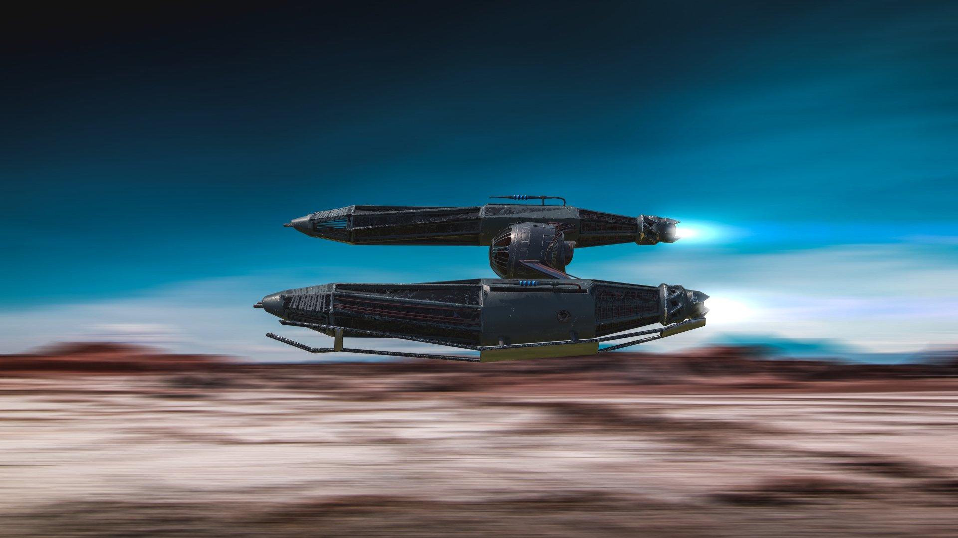 An HD desktop wallpaper featuring a sleek spaceship flying over a barren alien landscape, with a vibrant blue sky in the background. Sci-fi themed image showcasing futuristic space travel.