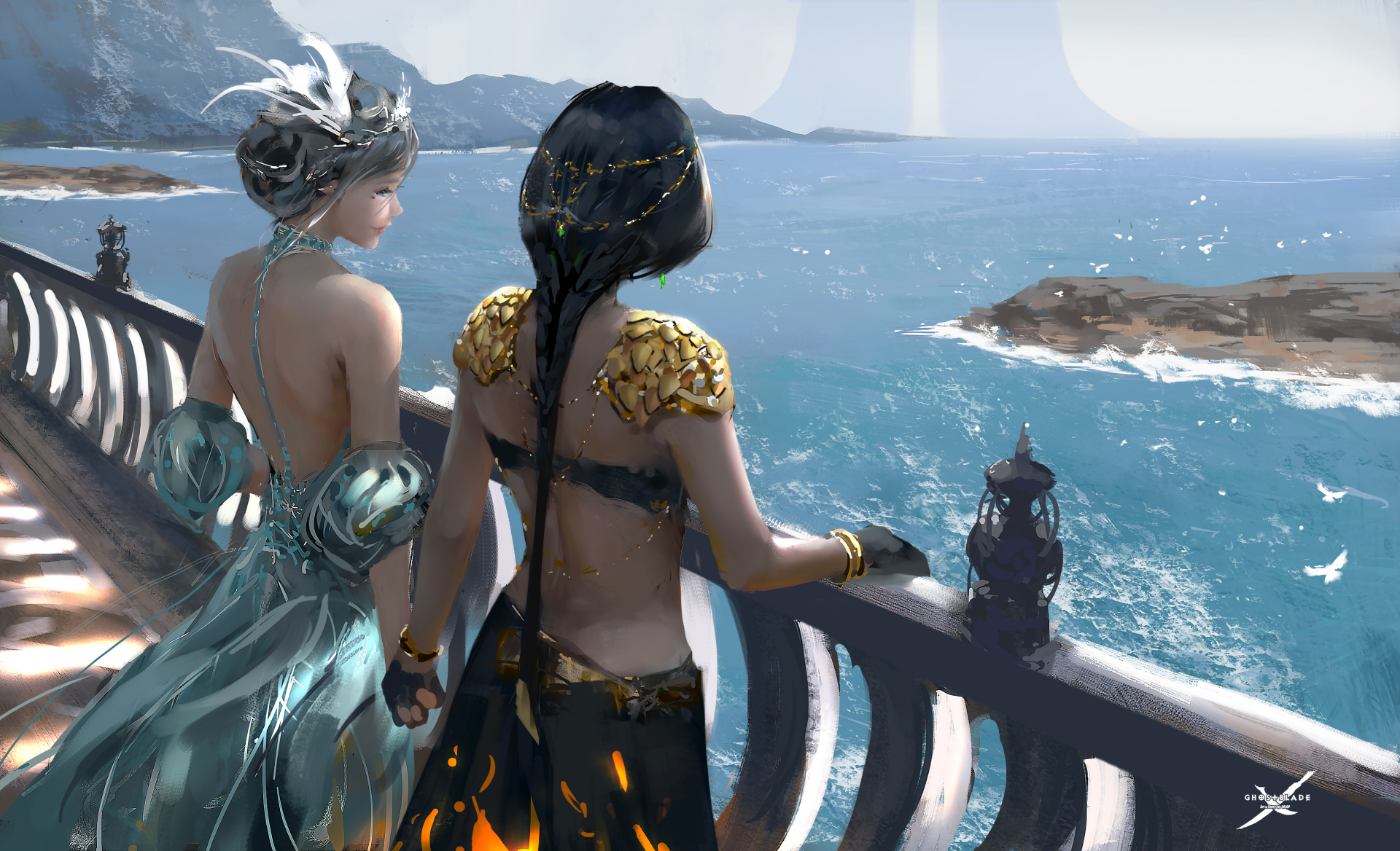 HD wallpaper from the GhostBlade comic featuring Aeolian and another character overlooking a scenic ocean view from a balcony. The artwork captures a blend of fantasy and serene natural beauty.