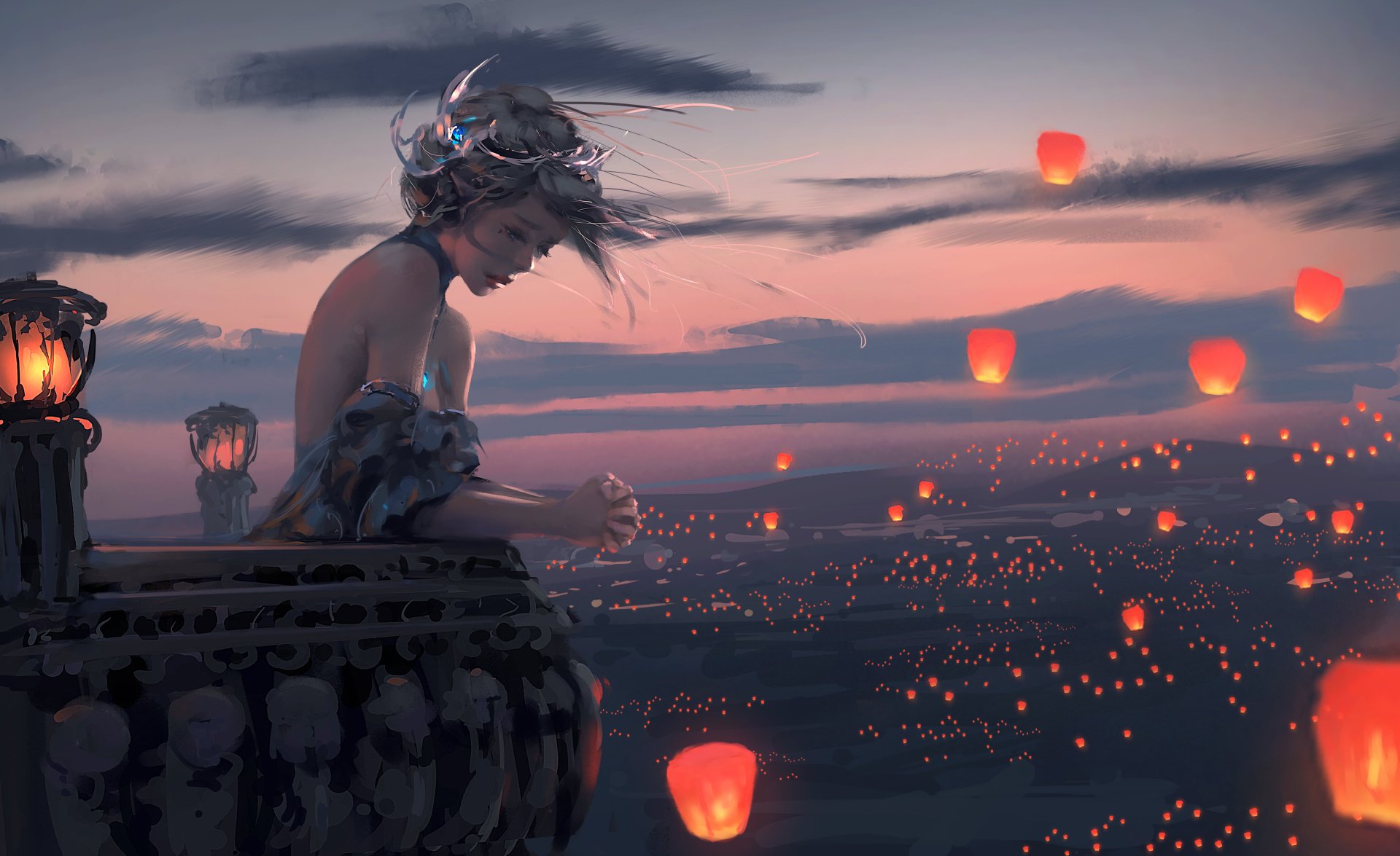 Fantasy artwork of a sad princess with grey hair, overlooking lanterns floating in the sky. The scene is from GhostBlade, captured in a comic style. HD desktop wallpaper and background.