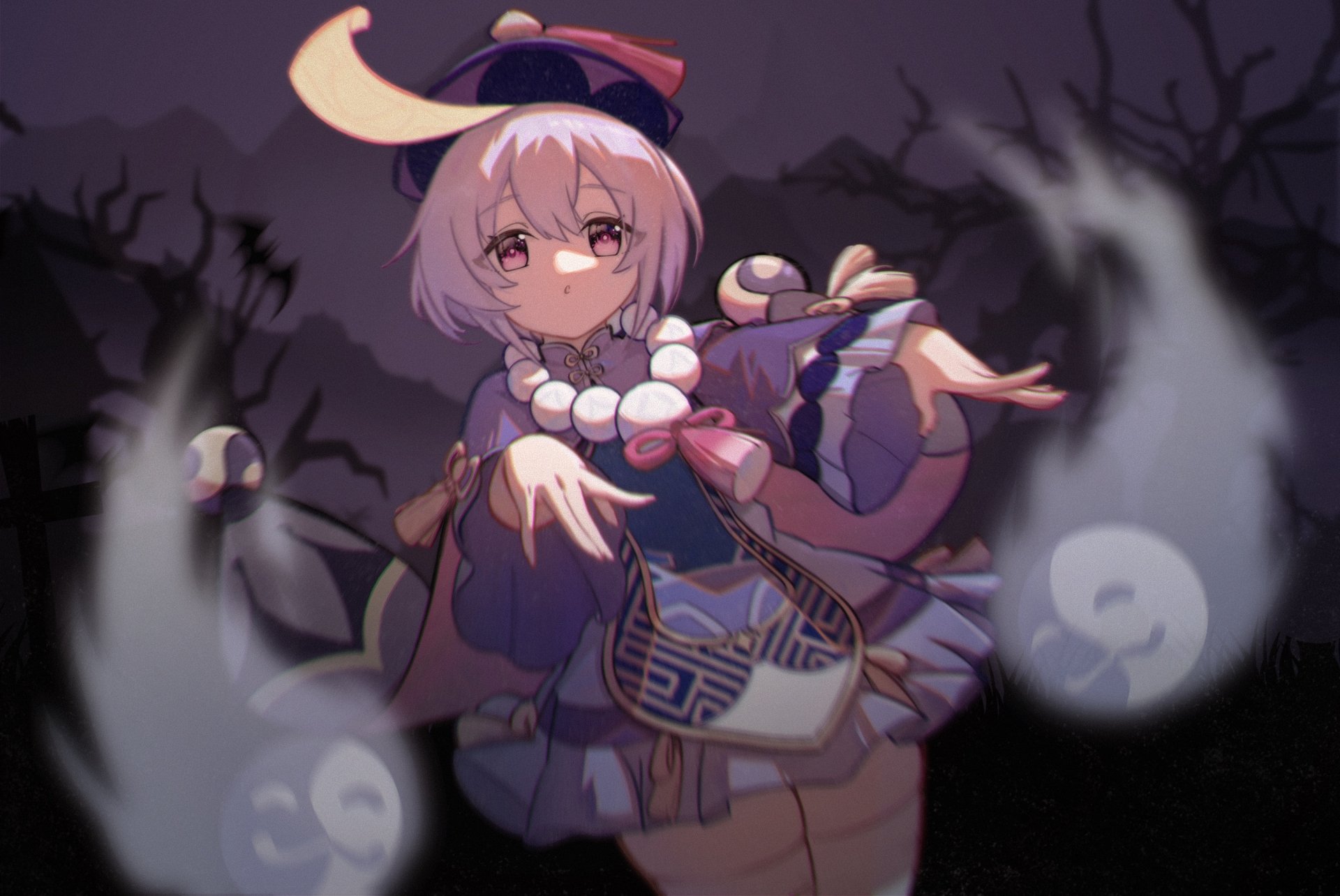 HD desktop wallpaper featuring Qiqi from the video game Genshin Impact, surrounded by ethereal spirits in a dark, eerie setting.