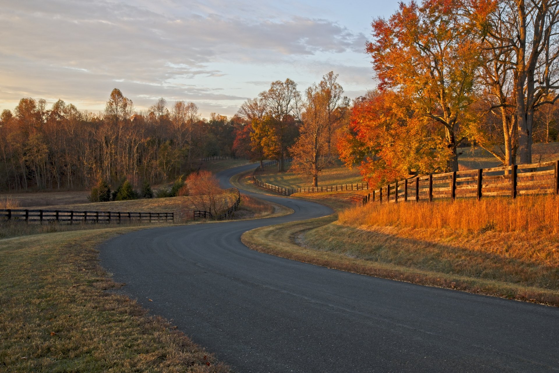 5K Ultra HD PC desktop wallpaper: winding paved road beside a wooden fence and vibrant fall trees across rolling countryside, man-made road and fence leading into the distance.