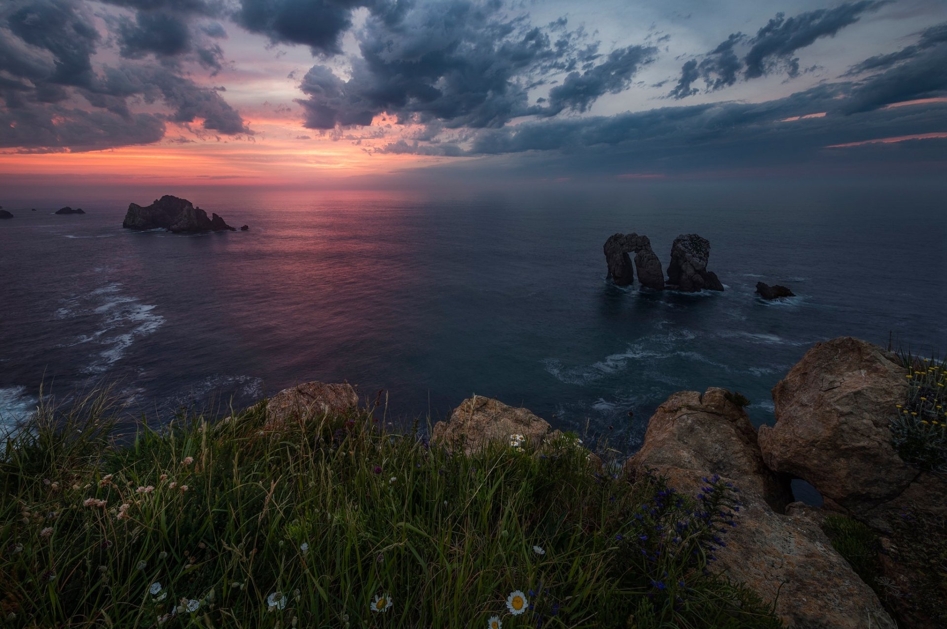 Download Bay Cantabria Spain Coast Sunset Grass Sea Nature Seascape HD Wallpaper