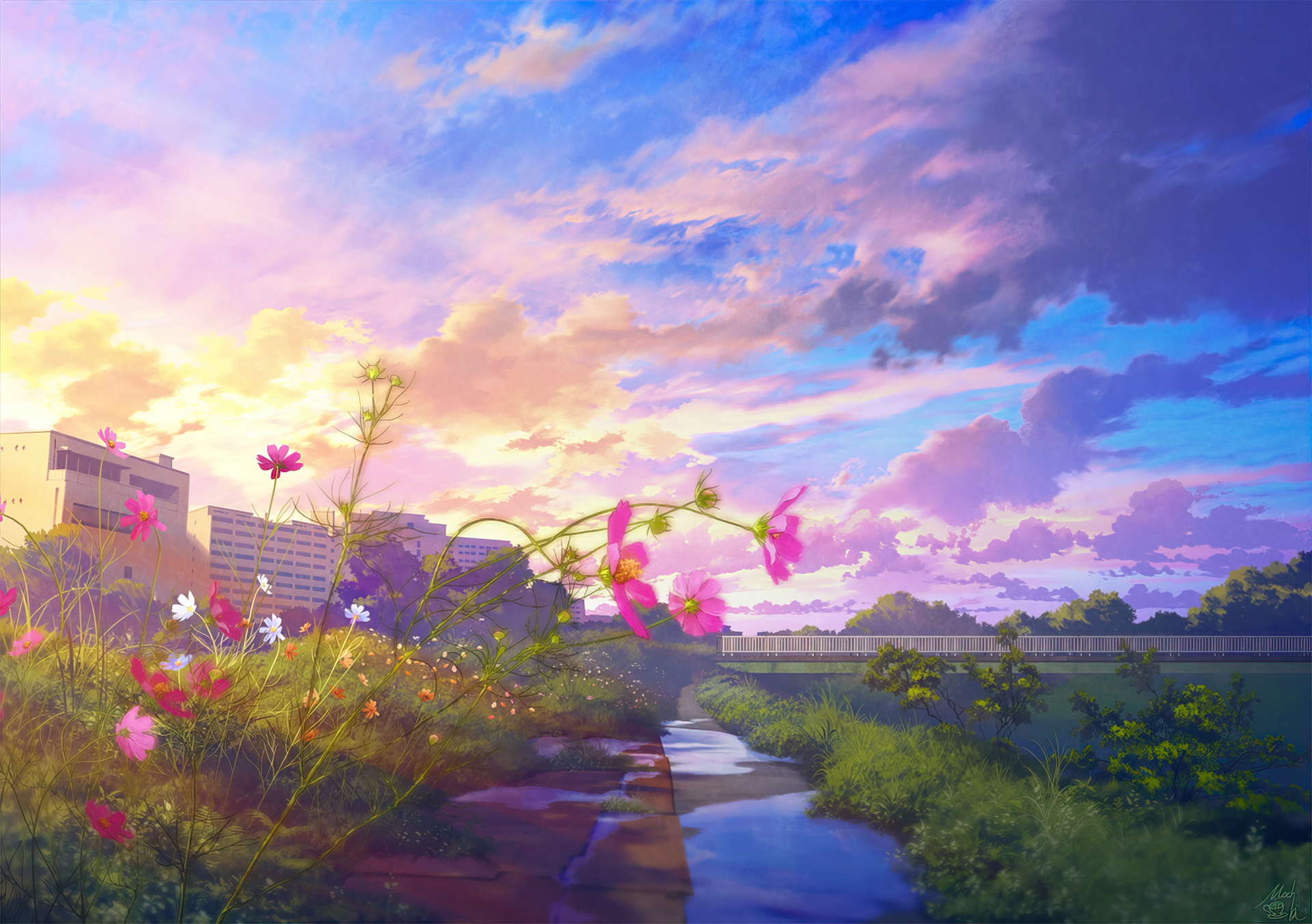 HD anime wallpaper of a cityscape at sunrise, featuring vibrant flowers in the foreground and a serene river with buildings in the background under a majestic multicolored sky.