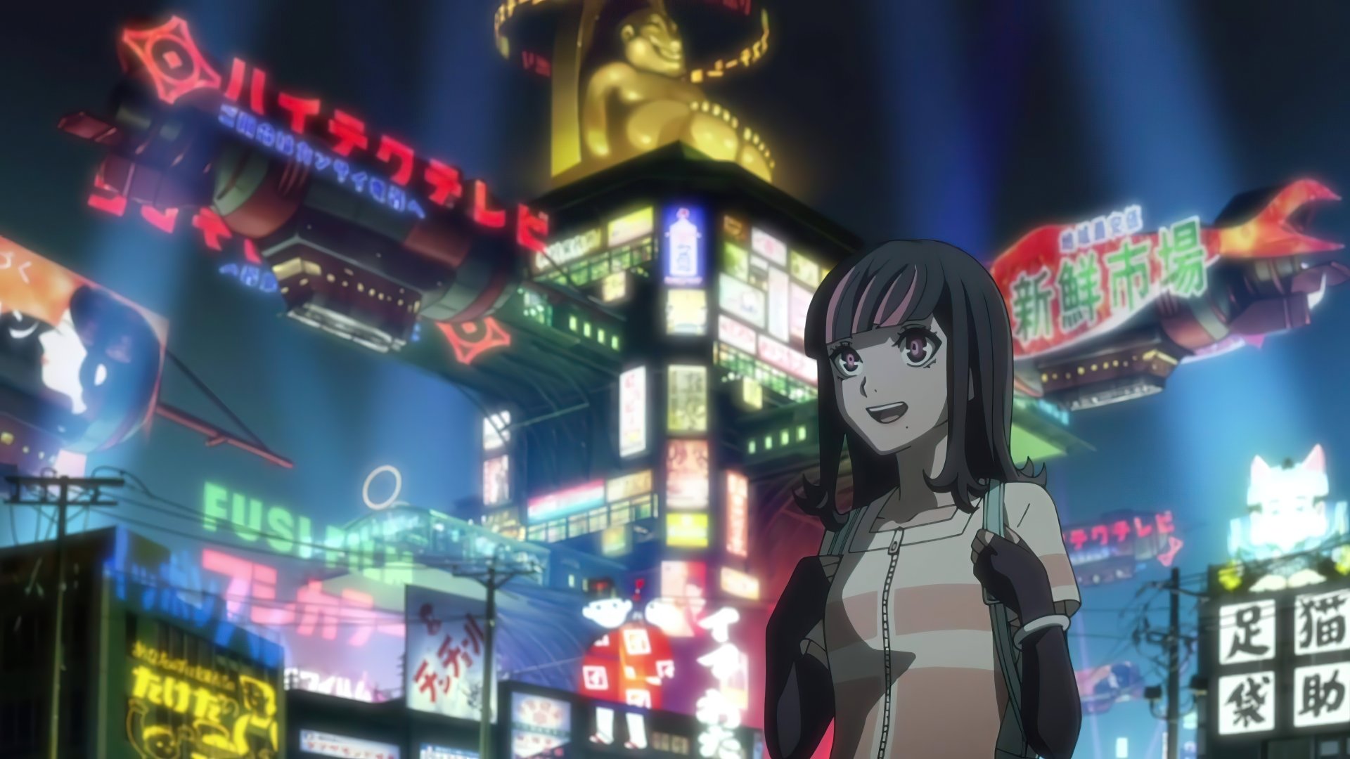 Vibrant 8K Ultra HD anime wallpaper featuring Swindler from Akudama Drive, set against a neon-lit cityscape rich with colorful signs and futuristic elements.