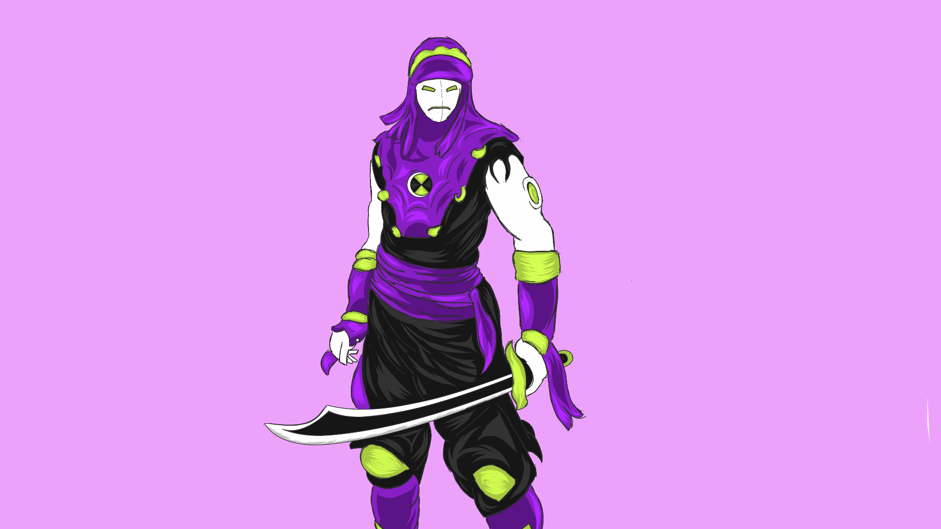 HD PC desktop wallpaper featuring a stylized Ben 10 character in purple and green attire wielding a sword, set against a solid lavender background.