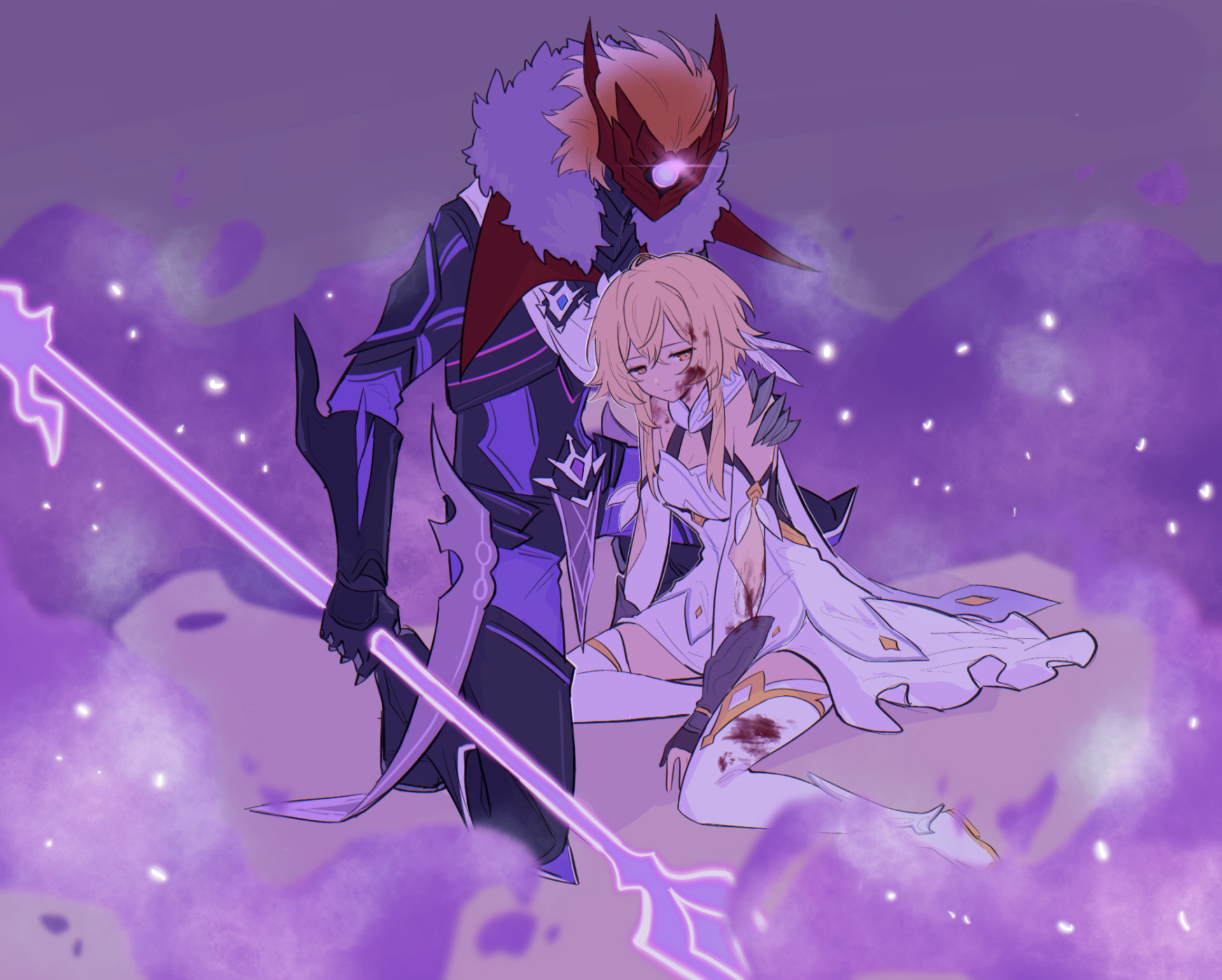 HD PC wallpaper featuring Lumine and Tartaglia Childe from the video game Genshin Impact, set against a mystical purple background with glowing effects.