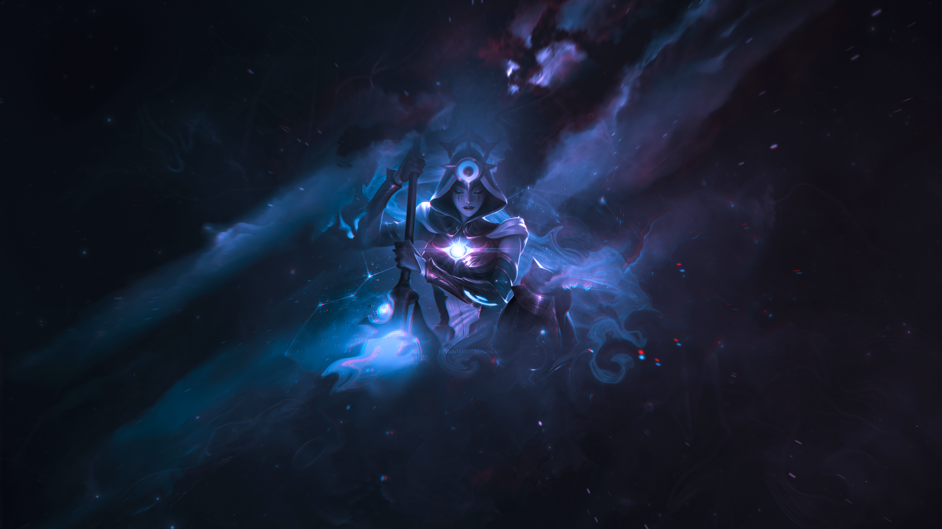 Blue cosmic portrait of Nidalee from League of Legends, wielding a glowing spear amid nebula clouds — 4K Ultra HD PC desktop wallpaper/background.