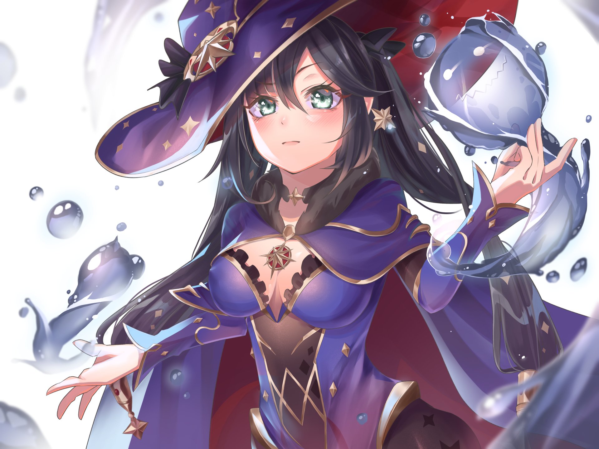 Mona from Genshin Impact in a colorful 4K Ultra HD artwork, displaying her magical presence with flowing water and a striking outfit. A stunning desktop wallpaper for fans.