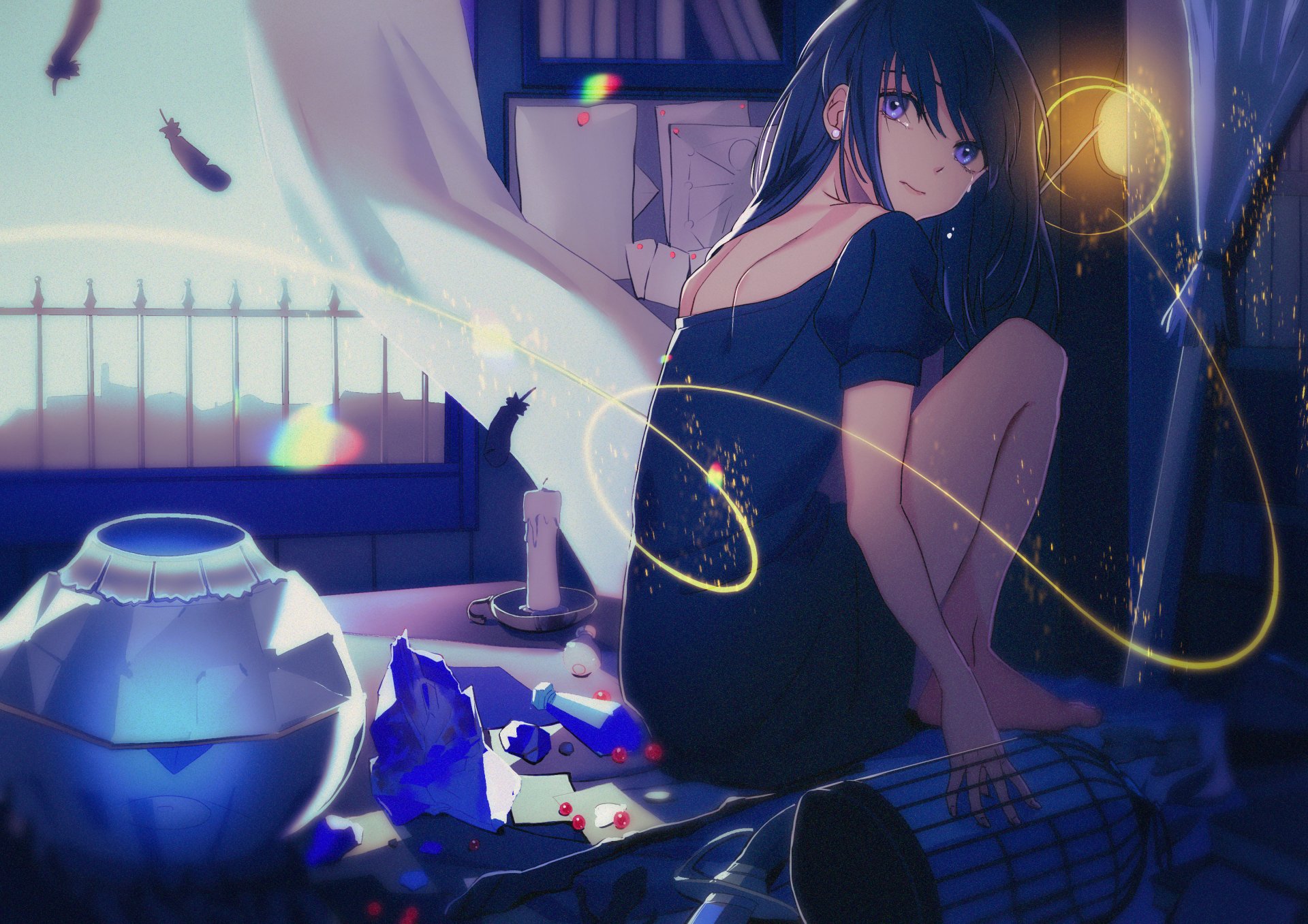 Anime girl with blue hair and blue eyes, barefoot and tearful, sits in a dimly lit room surrounded by scattered objects, captured in an HD PC desktop wallpaper.