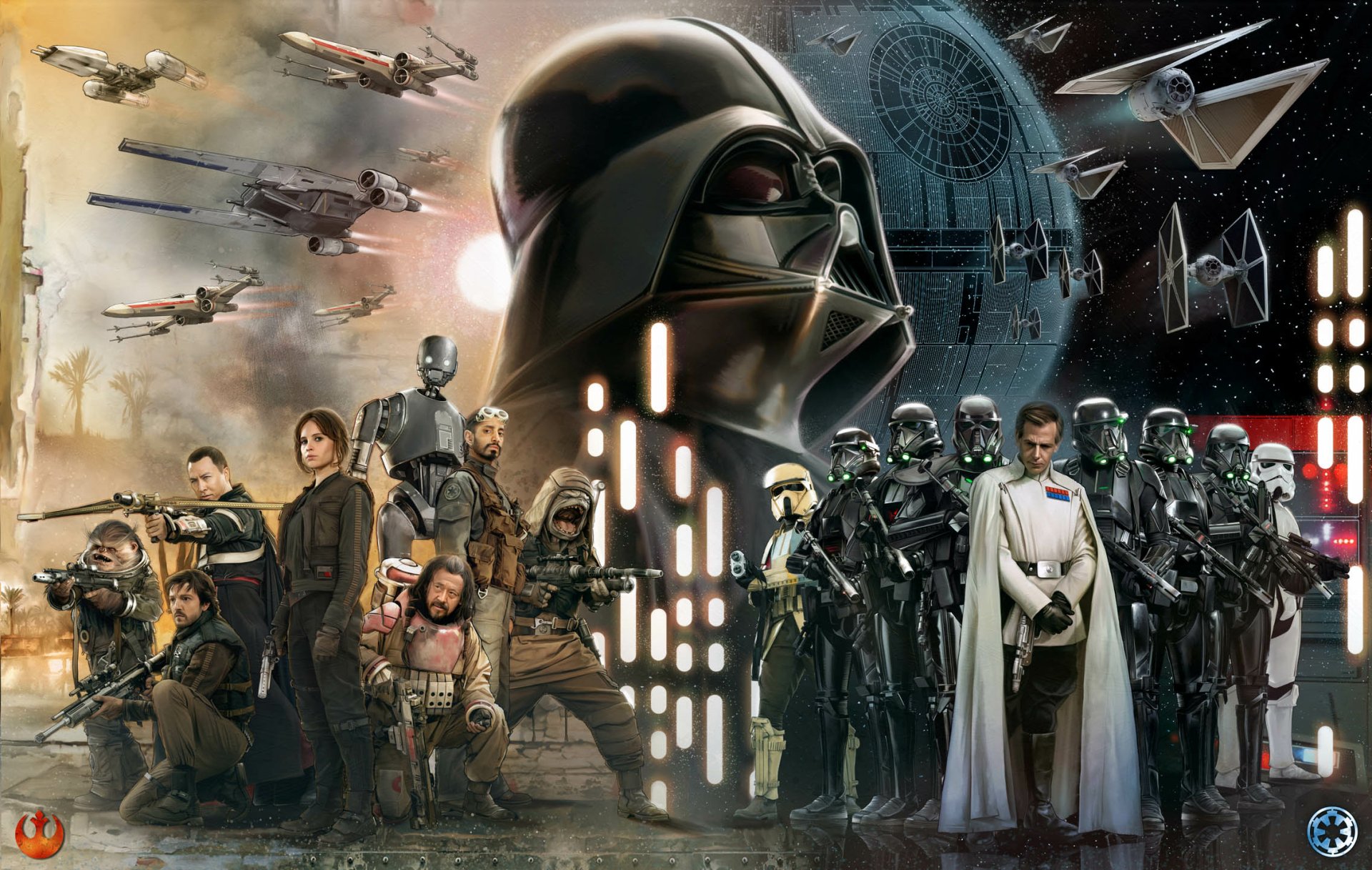 HD wallpaper featuring characters Orson Krennic, Baze Malbus, K-2SO, Cassian Andor, Jyn Erso, Chirrut Îmwe, and Darth Vader from Rogue One: A Star Wars Story, with iconic Star Wars elements in the background.