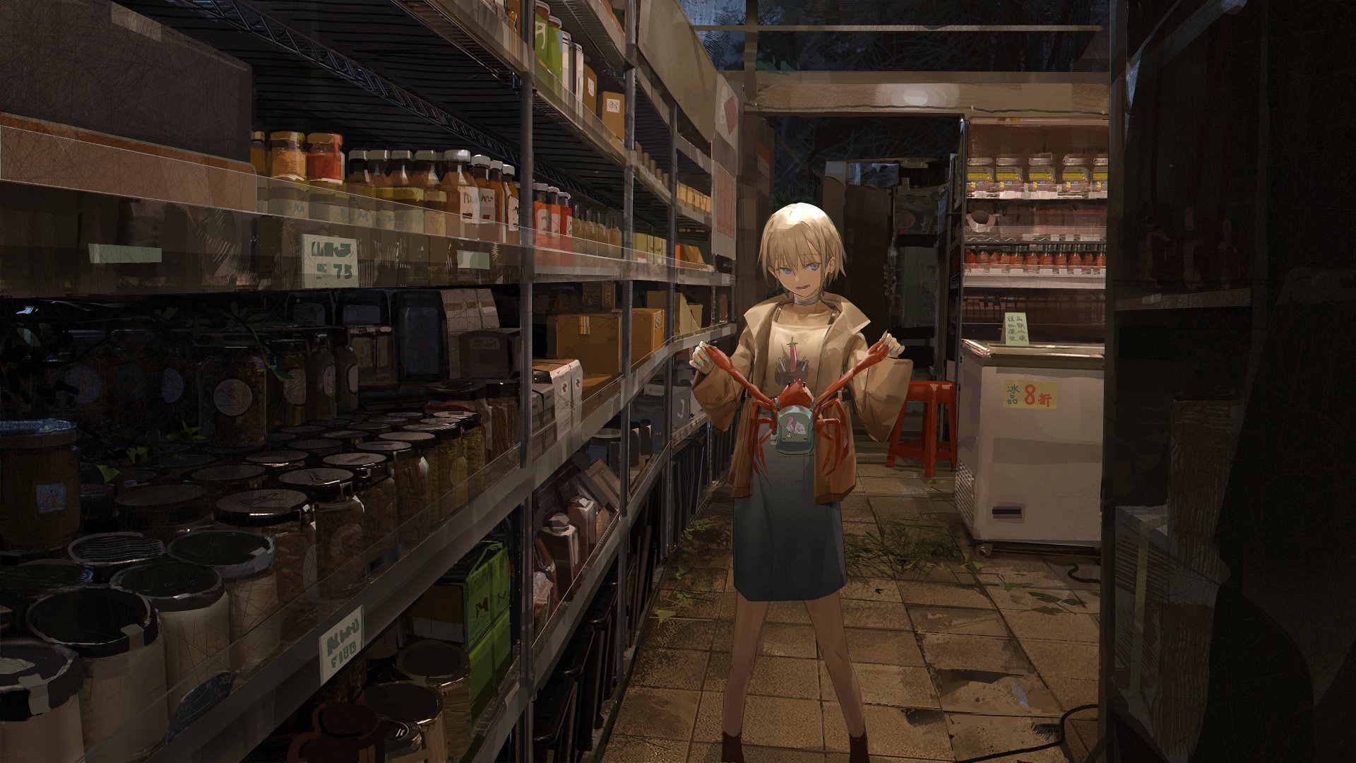 Anime-style character with short hair stands in a dimly lit shop aisle, surrounded by shelves stocked with various goods, in a highly detailed 4K Ultra HD desktop wallpaper.