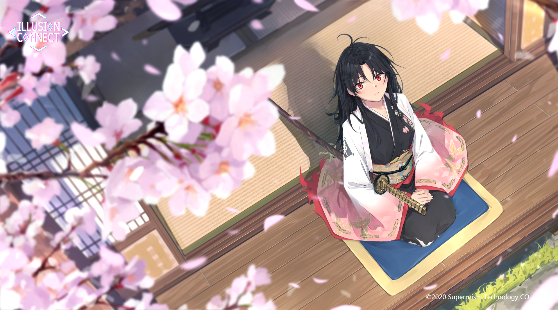 Anime girl with black hair sits indoors beneath blooming sakura branches, holding a katana sword, rendered in vibrant 4K Ultra HD for a PC desktop wallpaper.