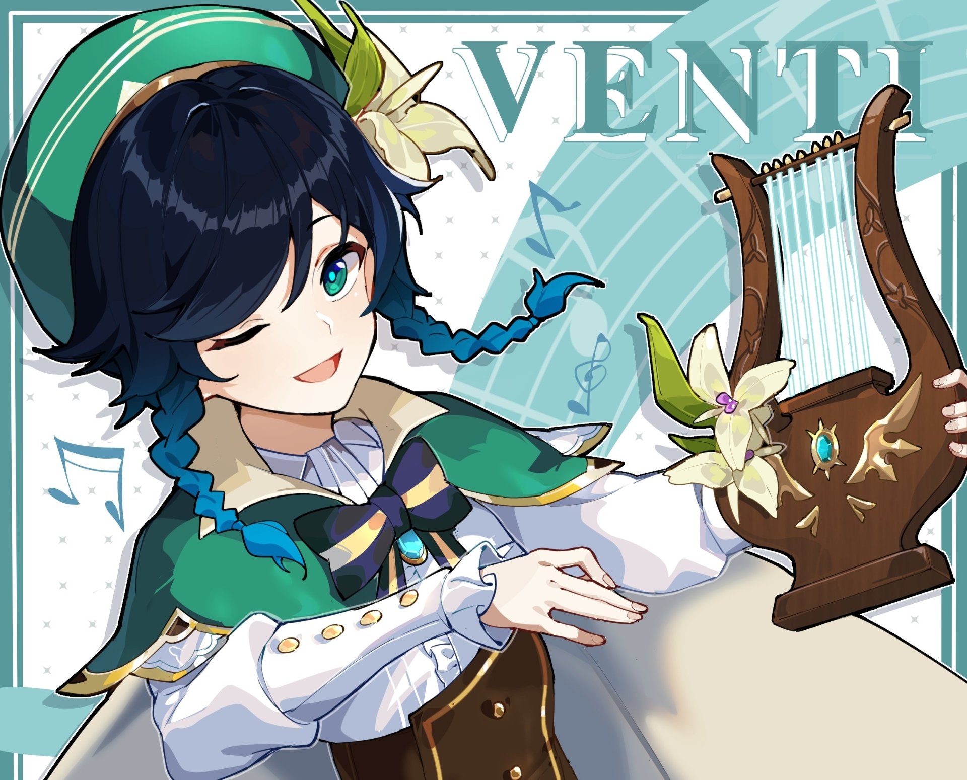 HD desktop wallpaper of Venti from Genshin Impact, winking with two-toned hair and playing a harp, set against a stylized musical background.