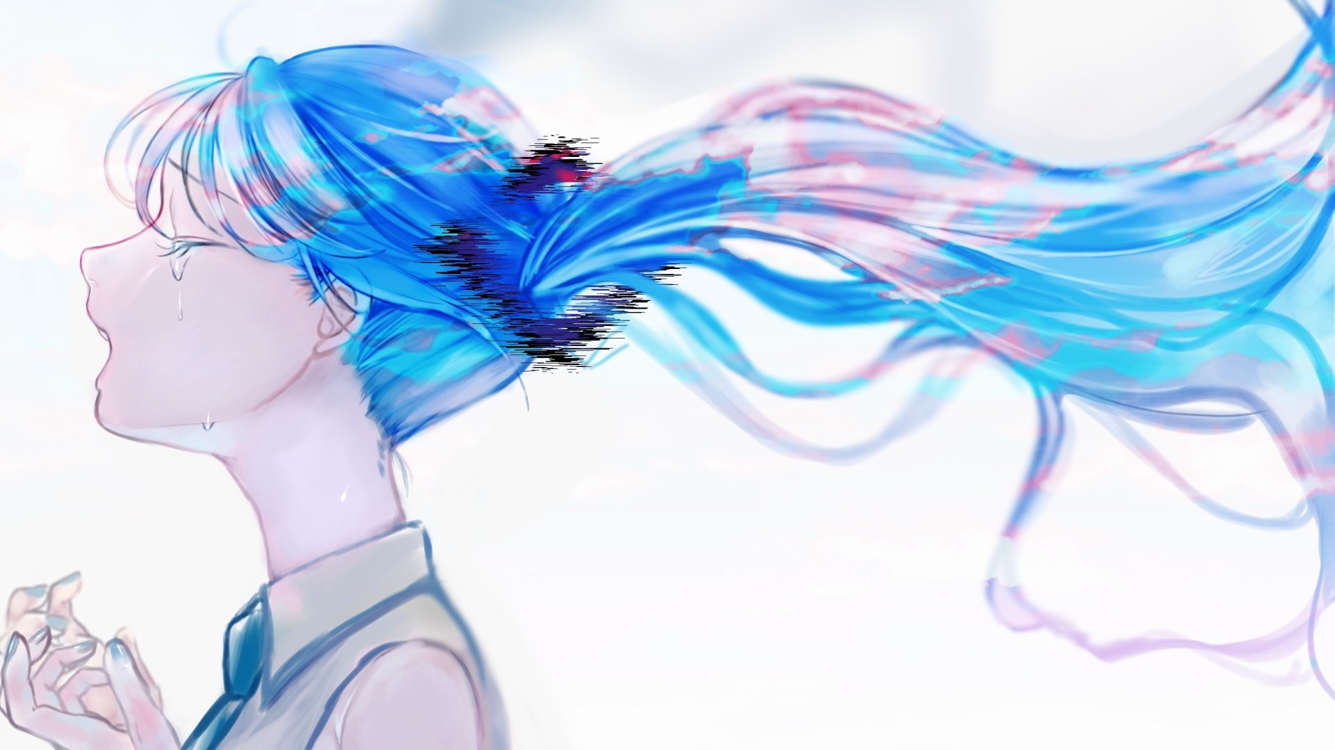 Profile portrait of crying Hatsune Miku, anime Vocaloid with long flowing blue hair trailing like ribbons; serene pastel 2K Quad HD PC desktop wallpaper and background.