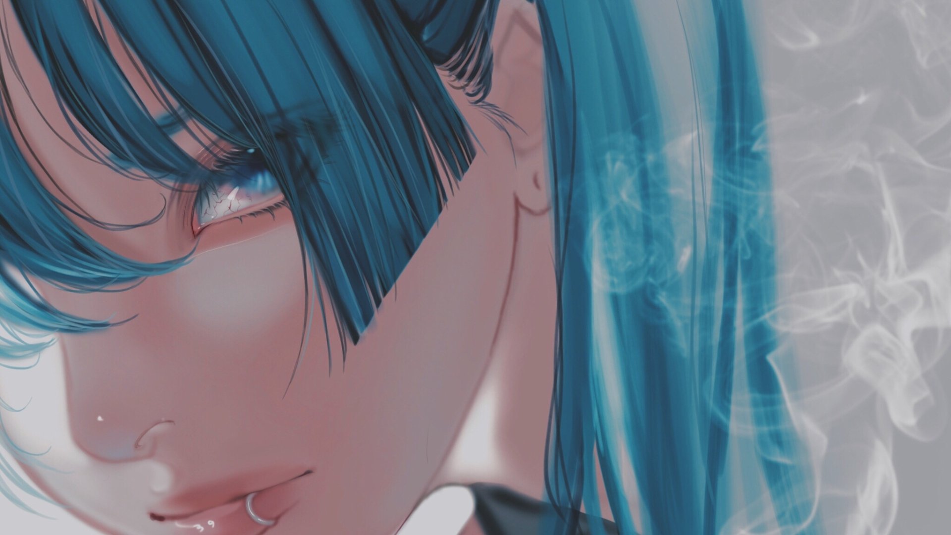 Close-up HD anime-style wallpaper of Hatsune Miku’s face with her signature teal hair and expressive eyes, rendered in a detailed vocaloid art style.