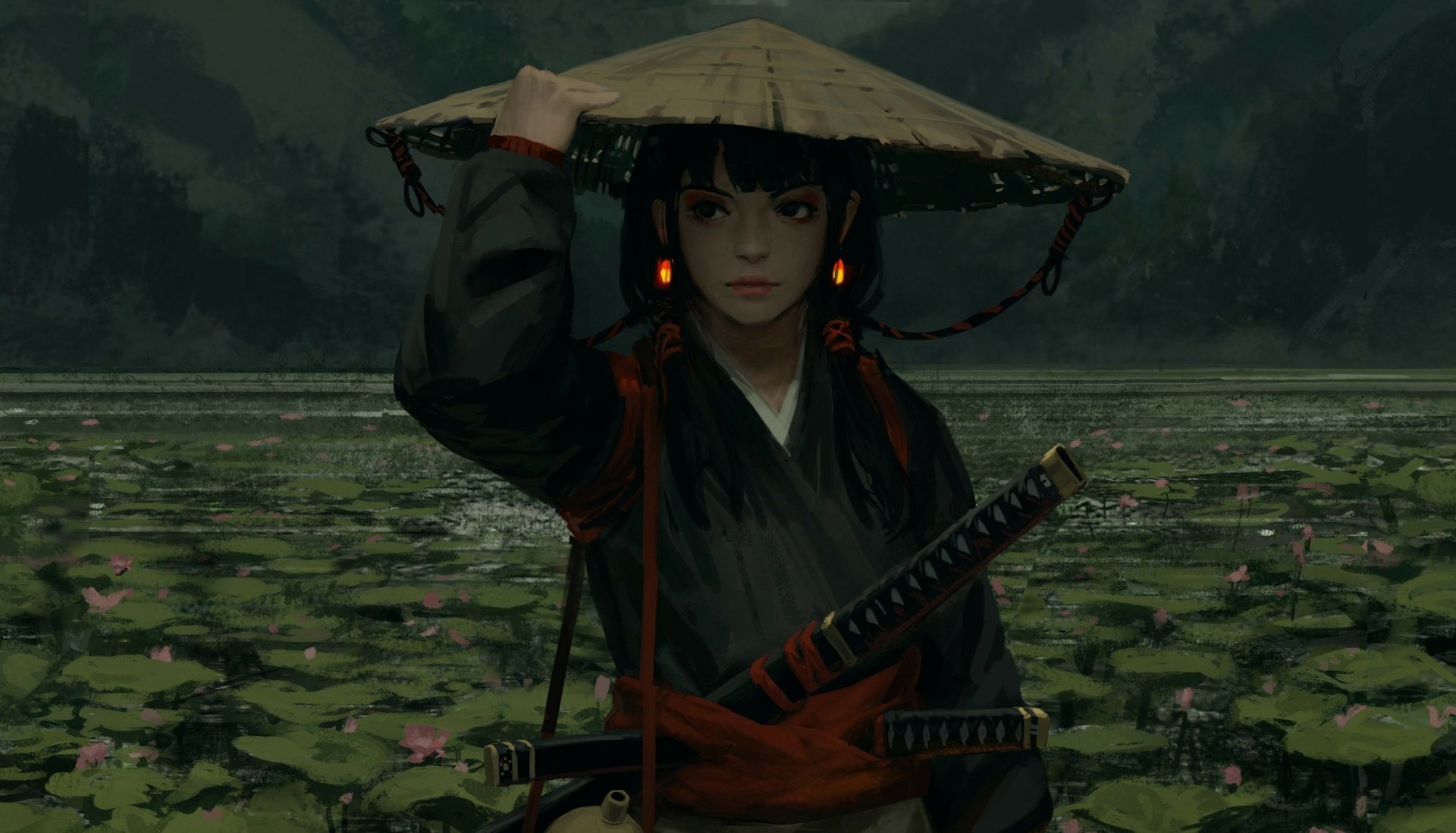 A fantasy-themed HD desktop wallpaper featuring a female warrior (ronin) standing by a serene lake filled with flowers, wearing traditional attire and a conical hat.
