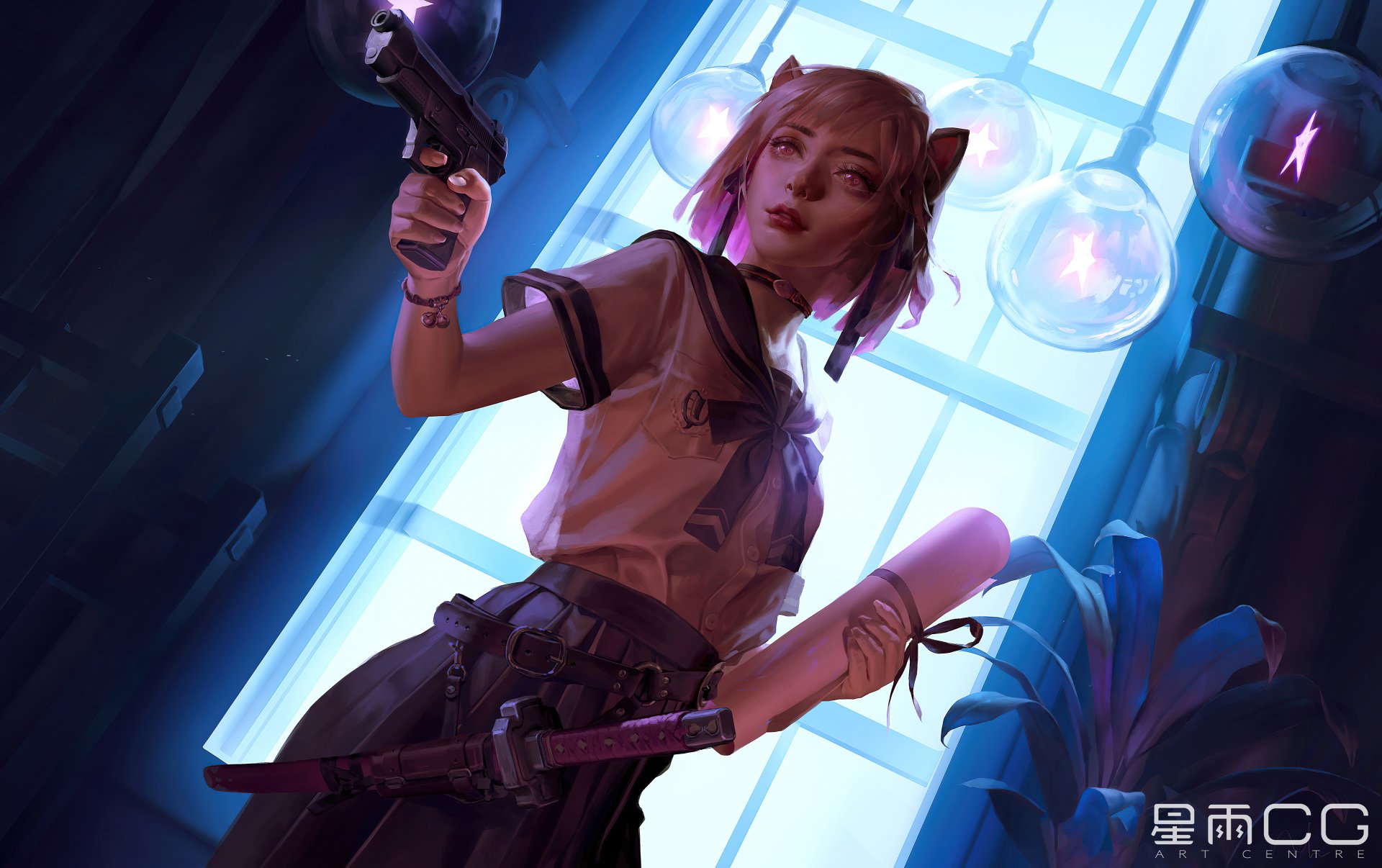 A blonde woman warrior in a school uniform wields a gun and a sword in a fantasy setting, illuminated by blue light from a large window. 4K Ultra HD PC wallpaper.