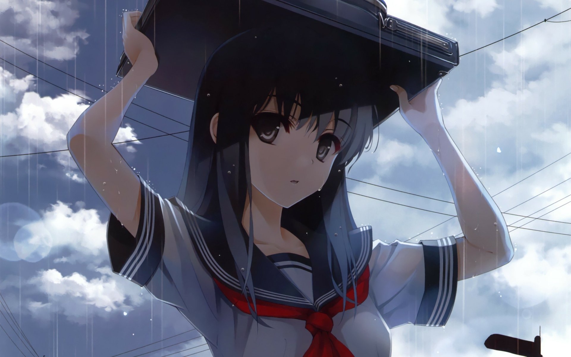 Anime girl in a school uniform holds a box over her head to shield from rain under cloudy skies in this HD PC desktop wallpaper background.