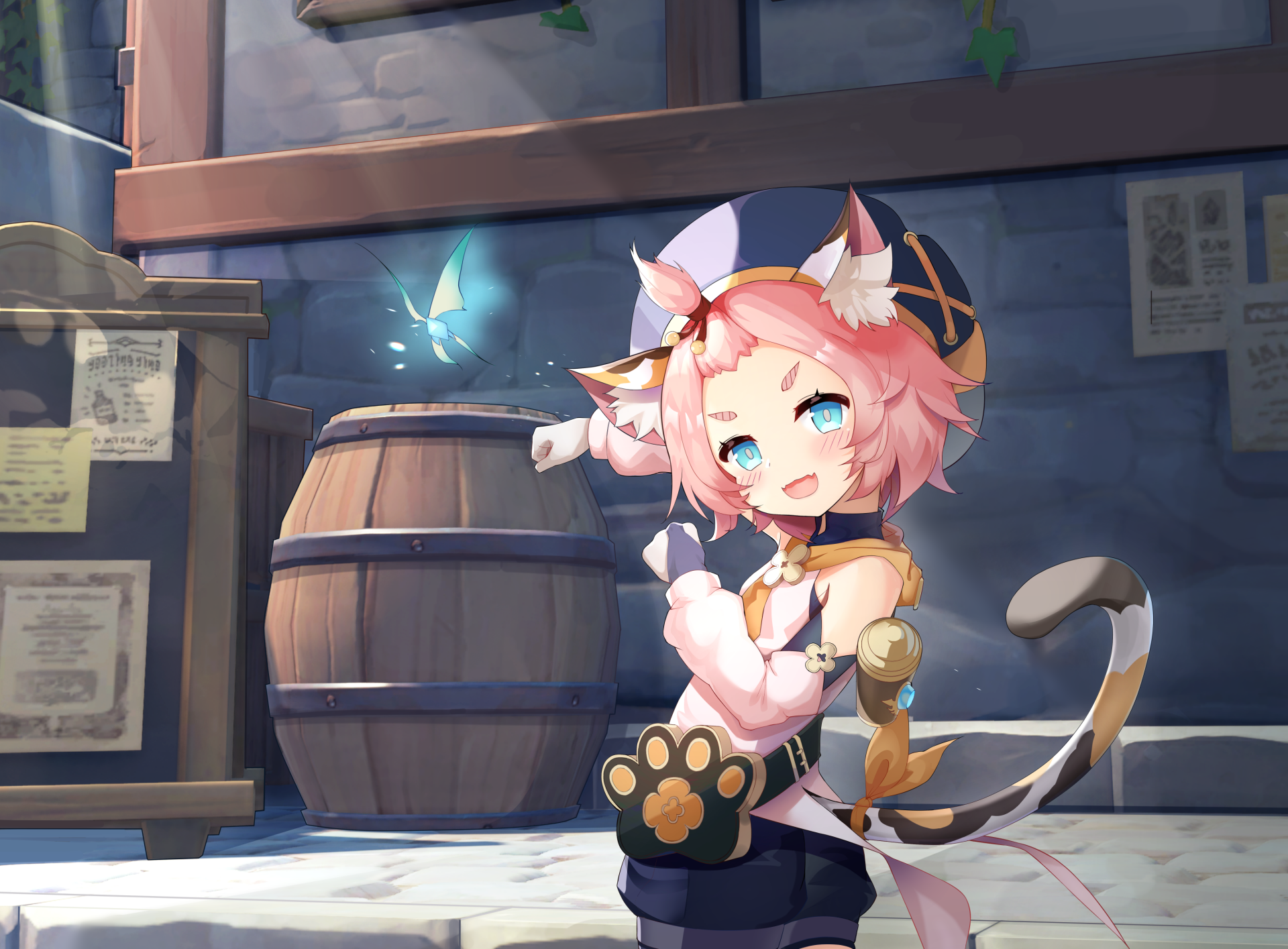 HD desktop wallpaper featuring Diona from the video game Genshin Impact. The background shows a quaint setting with a wooden barrel and ambient soft light.