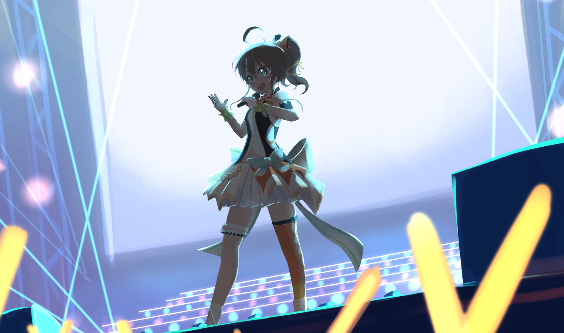 HD PC desktop wallpaper featuring Natsuiro Matsuri from hololive, depicted as an anime-style Virtual YouTuber performing on stage with vibrant lighting effects.