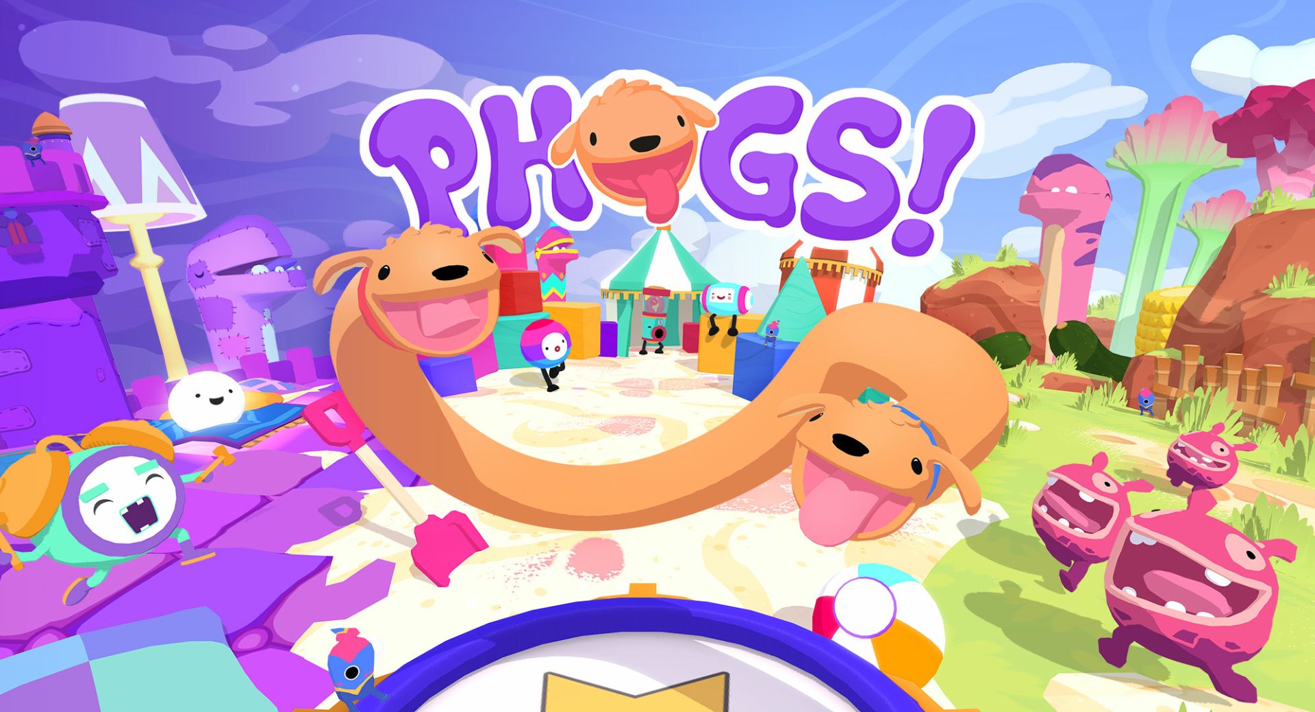 HD wallpaper featuring the colorful world of Phogs!, with two connected cartoon dog characters smiling and stretching across the screen.