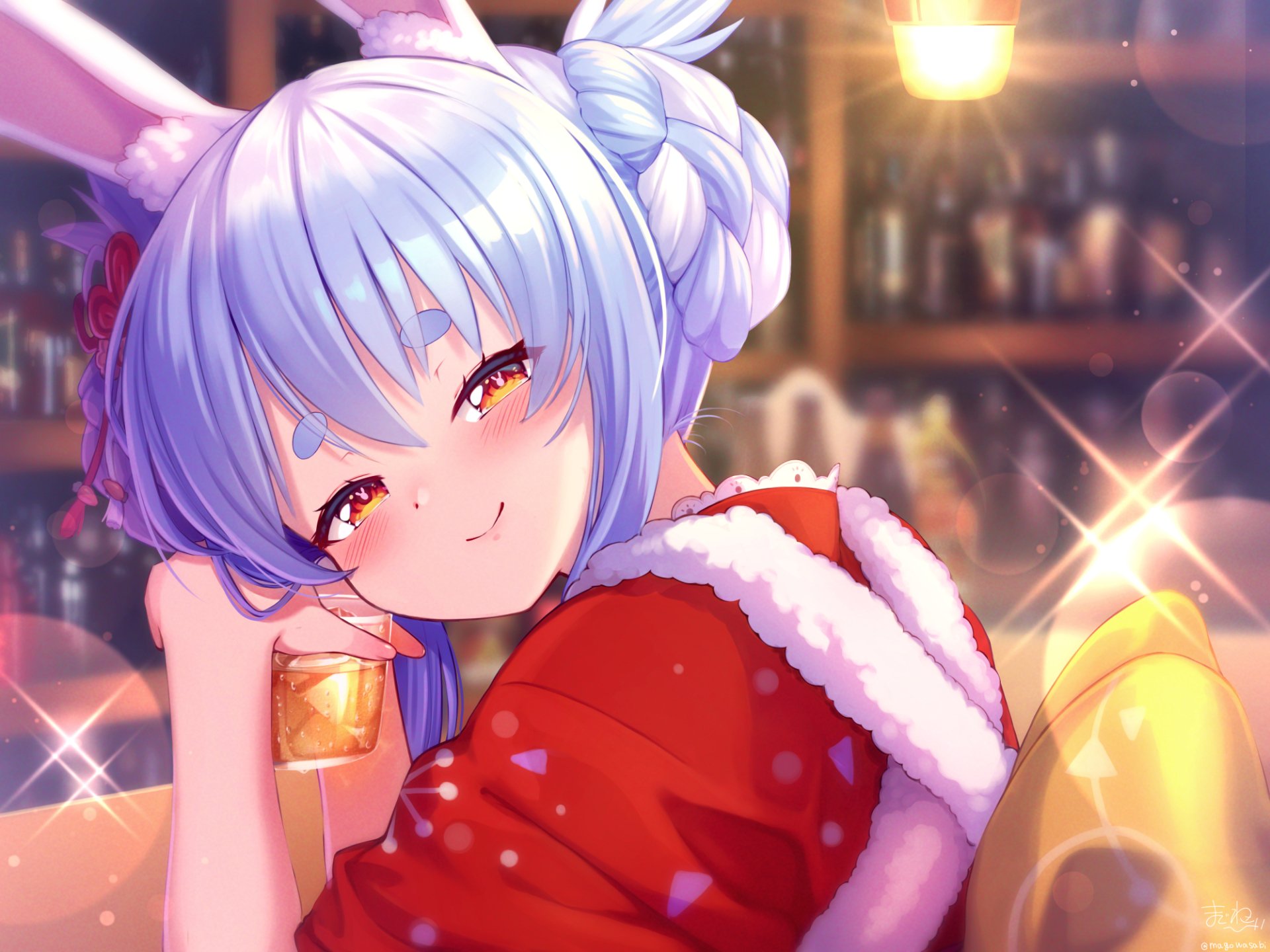 HD PC wallpaper of hololive Vtuber Usada Pekora: blue-haired anime girl with orange eyes and a blush, wearing a red fur-trimmed outfit and smiling in a cozy, softly lit background.