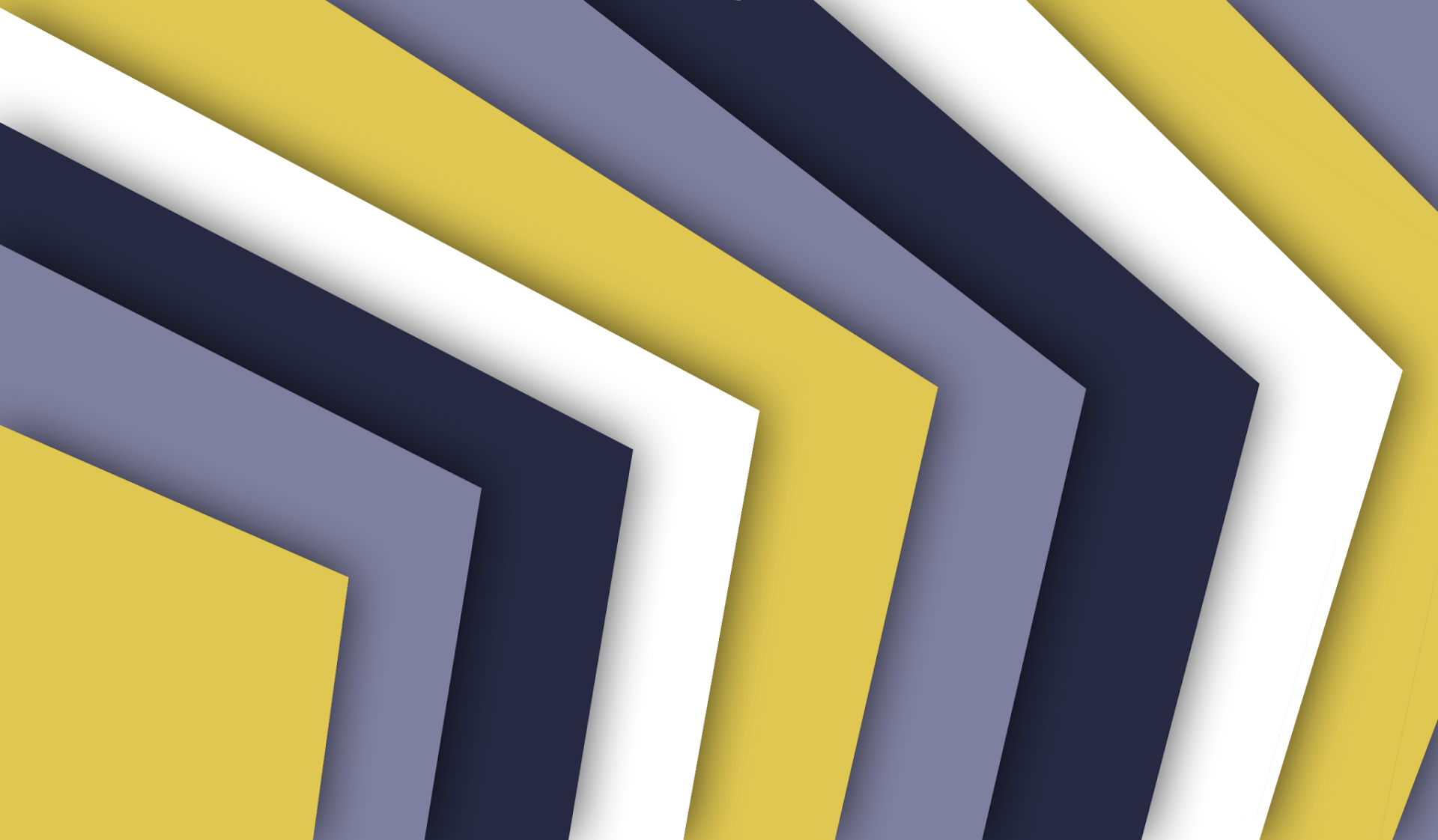 HD PC desktop wallpaper showing an abstract geometric composition of layered diagonal lines and stripes in mustard yellow, slate blue, navy and white.