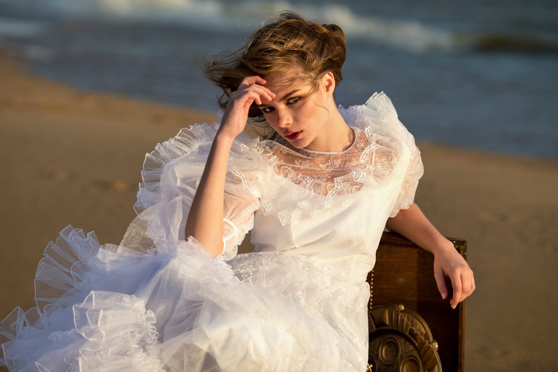 Download White Dress Woman Model HD Wallpaper