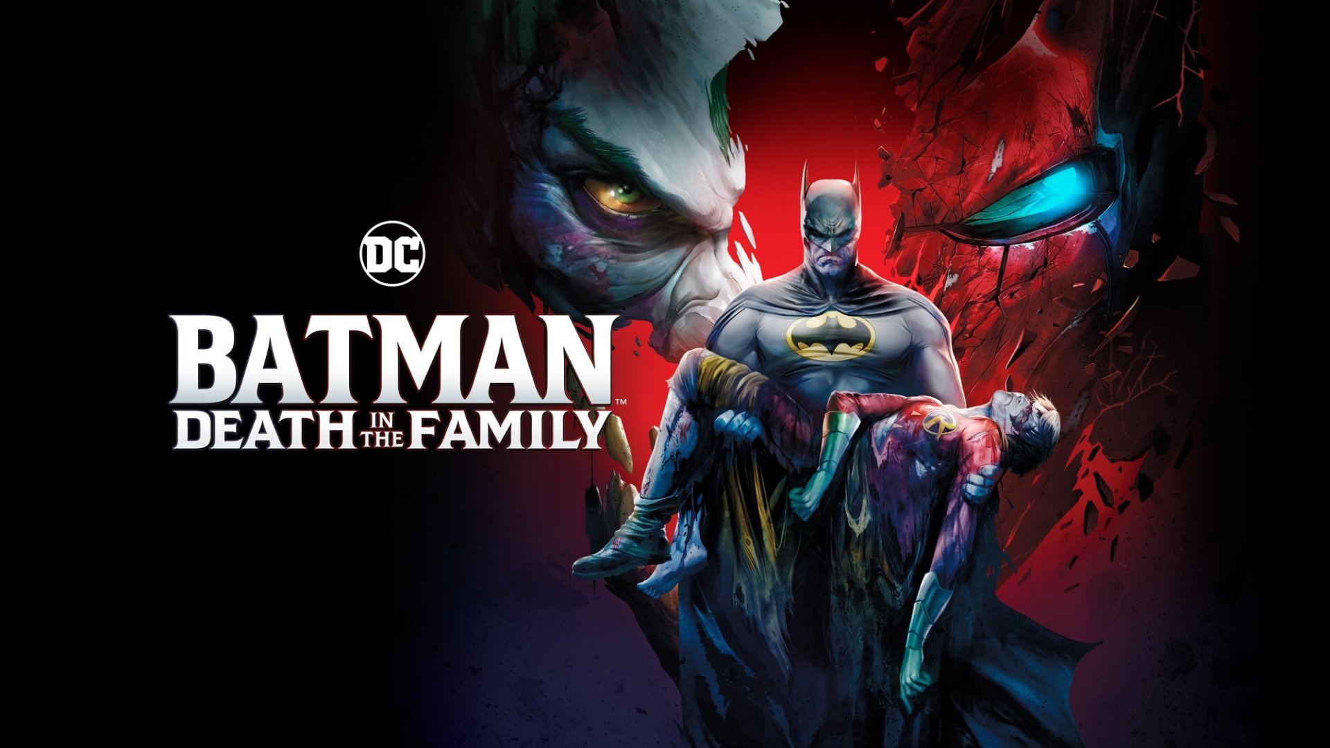 Batman holds Jason Todd’s lifeless body with the Joker and Red Hood looming in the background, from the DC Comics movie Batman: Death In The Family.
