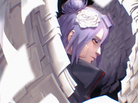 HD anime desktop wallpaper featuring Konan from Naruto, showcasing her with purple hair, an origami paper wing, and a white flower in her hair.
