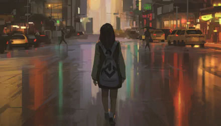 HD PC desktop wallpaper of an anime girl walking alone on a rainy city street at night, with glowing lights reflecting on wet pavement.