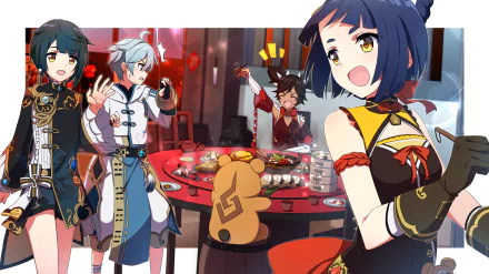 HD desktop wallpaper featuring Guoba, Xingqiu, Xiangling, and Chongyun from Genshin Impact celebrating with food and festive decor.