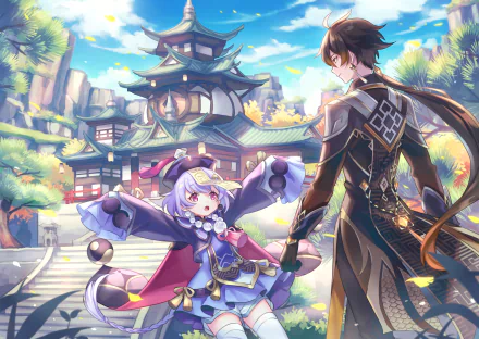 HD desktop wallpaper featuring Qiqi and Zhongli from the video game Genshin Impact. The characters stand in front of a beautifully detailed pagoda with lush greenery and a bright blue sky in the background.