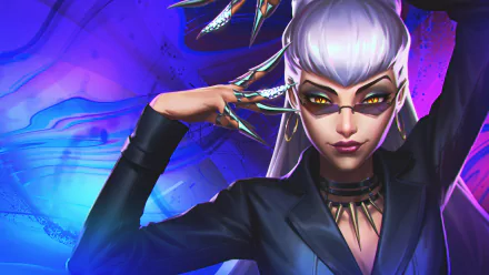 HD desktop wallpaper of Evelynn from K/DA, a character in the video game League Of Legends. The image features Evelynn with a stylish appearance against a vibrant blue and purple background.