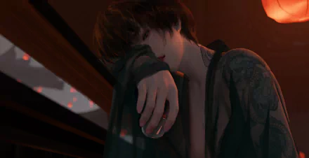 HD PC desktop wallpaper featuring a dark, comic-style scene from GhostBlade, showing a moody character holding a drink in low, warm lighting.