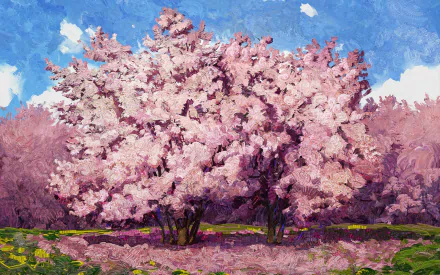 HD desktop wallpaper featuring an artistic painting of a cherry blossom tree in full bloom against a vibrant blue sky.