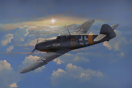 HD desktop wallpaper of a military Messerschmitt Bf 109 warplane soaring above clouds during sunset, showcasing the aircraft’s detailed design and markings.