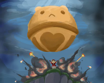 HD PC desktop wallpaper featuring Klee from Genshin Impact with a large golden bell and explosive effects in the background from the video game.