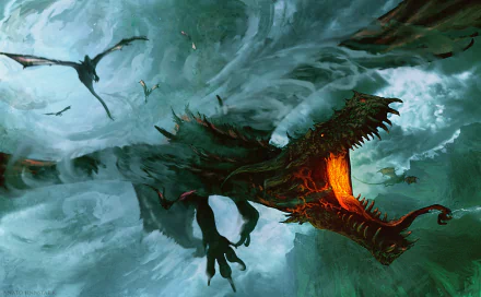 A fierce dragon with glowing eyes and fiery breath soars through stormy skies, inspired by The Lord of the Rings fantasy world, in an HD PC desktop wallpaper.